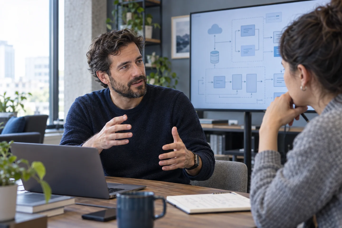 Professionals collaborating in a modern workplace
